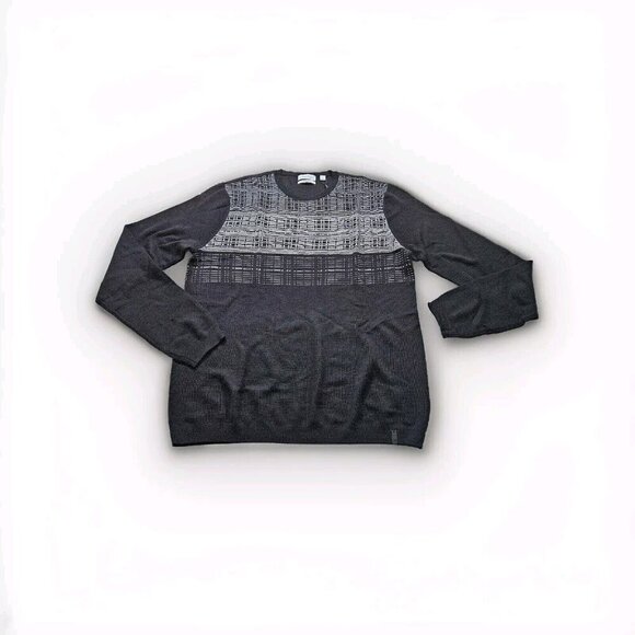 Calvin Klein Sweater Men L Gray Black Crewneck LS Italian Yarn Wool Blend Casual - Picture 3 of 15